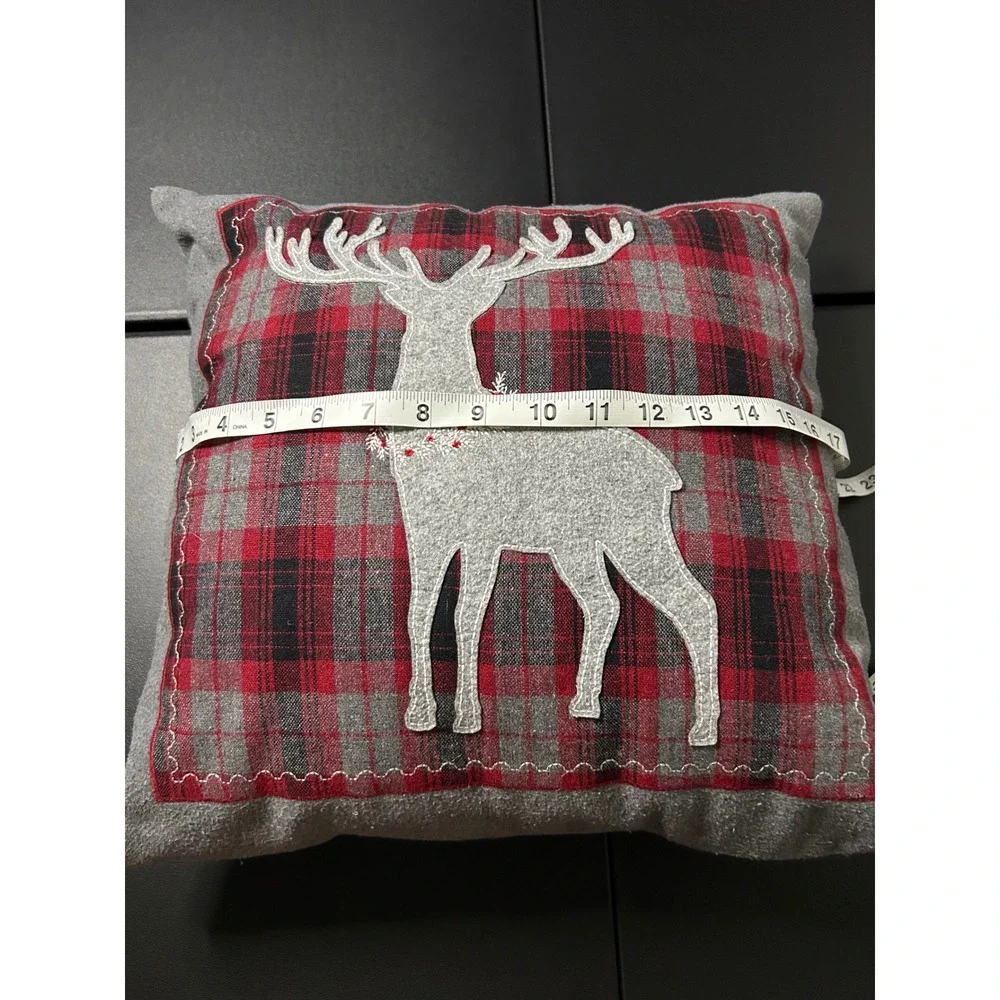 Red Grey Plaid Reindeer Christmas Throw‎ Pillow